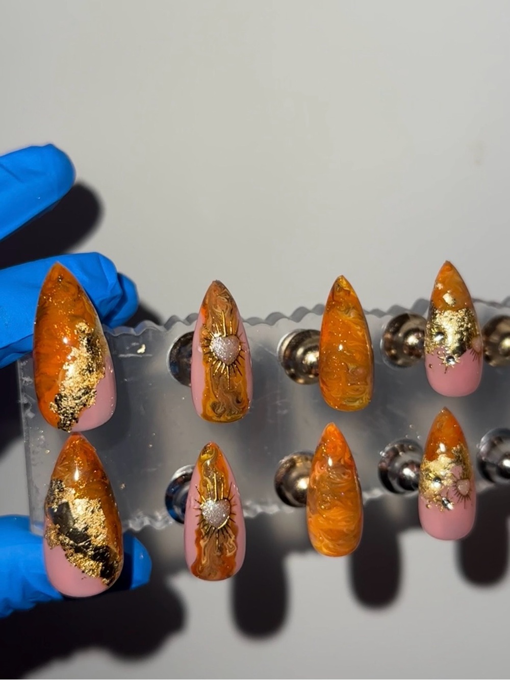 10(SMALL) Jupiter press-on nails with gold and orange marble tones